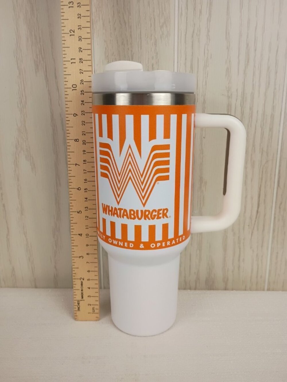 Whataburger 40oz Striped Tumbler with Handle And Top No Straw.